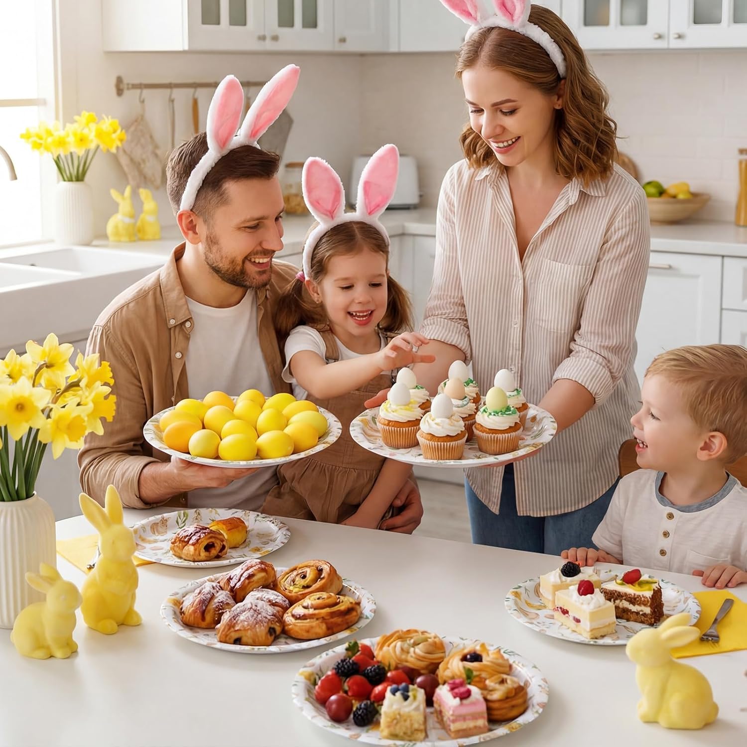 Pajean 100 Pcs Easter Paper Plates Bulk Easter Bunny Oval Dinner Plates Heavy Duty 9" x 11" Disposable Watercolor Rabbit Green Leaves Flower Dessert Tableware for Spring Party Supplies Decorations