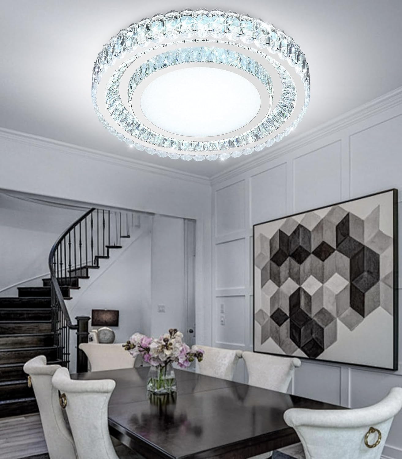 23.6" Dimmable Crystal Chandelier Modern LED Flush Mount Ceiling Light Fixtures for Living Room Bedroom Hallway Kitchen Island Staircase Silver