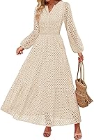 ZESICA Women's Long Sleeve V-Neck Eyelet Maxi Dress - Hollow Out A-Line Flowy Casual Party Dress Spring 2026