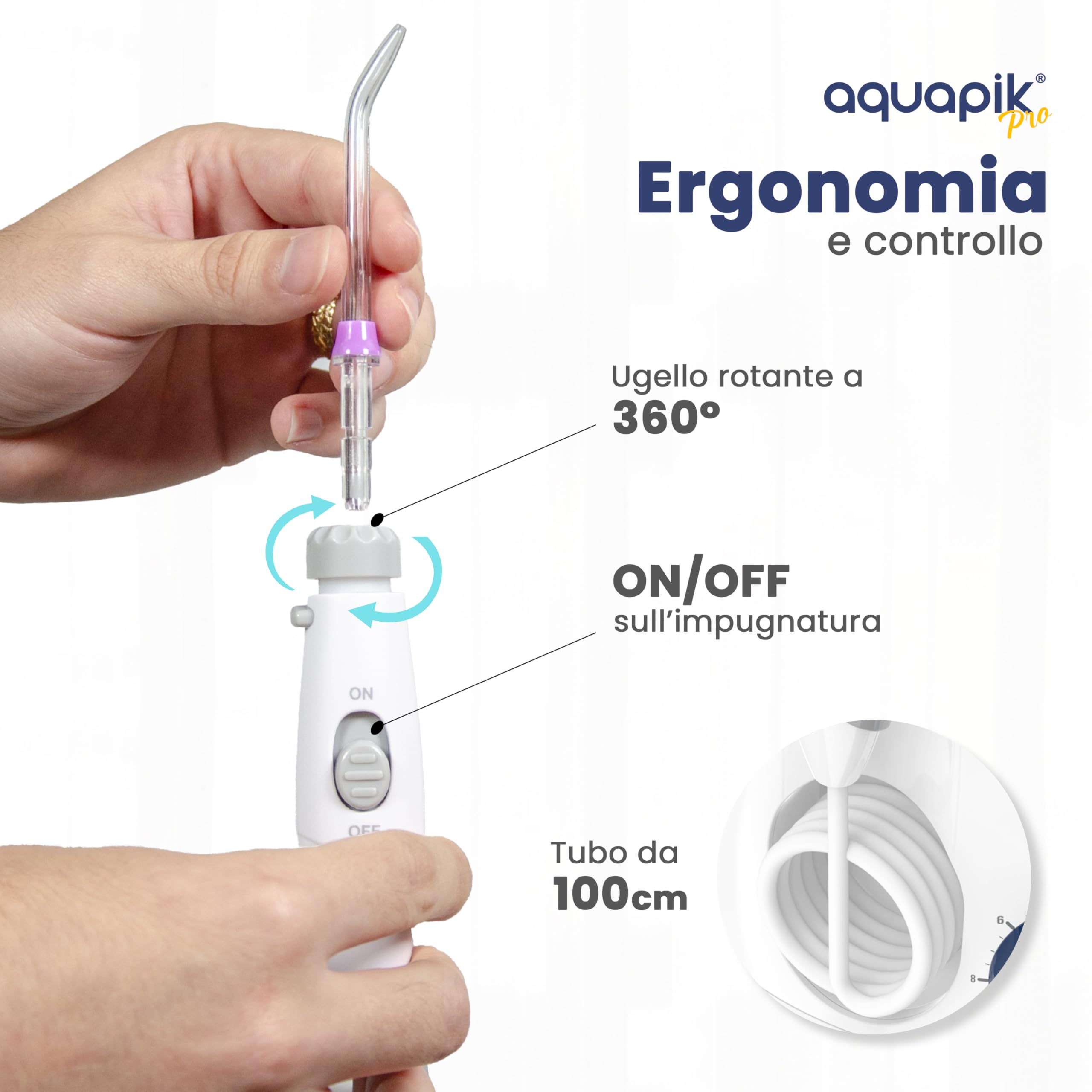 Aquapik PRO Idropulsore Dentale da Tavolo, Irrigatore Orale 600 ml con 8 Ugelli e 10 Livelli di Pressione, Ugello Rotante 360°, per Pulizia Interdentale, Apparecchi e Impianti, Bianco