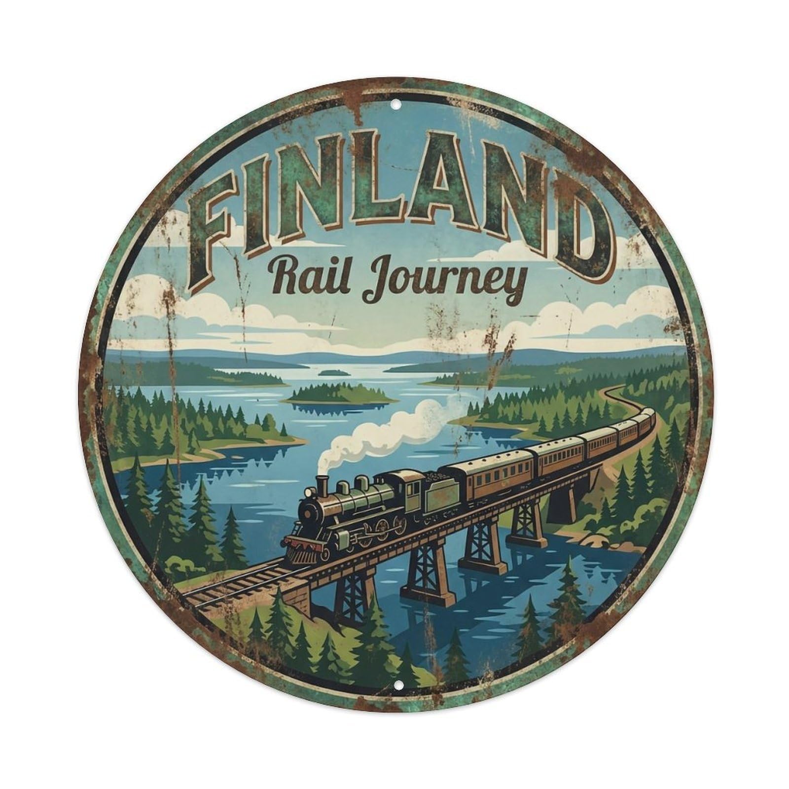 Vintage Travel Finland Journey Metal Tin Sign Plaque Wall Decor for Cafe, Club, Garden Round Metal Poster 8x8Inch