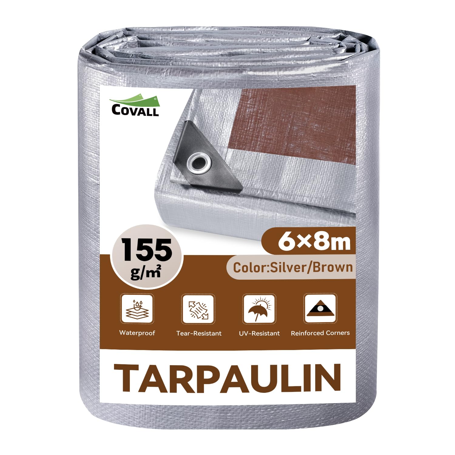 COVALL 6m x 8m Heavy Duty Tarpaulin 155gsm - Camping Garden Roof Waterproof Tarp, UV Resistant Tear Proof with Reinforced Grommets (Silver/Brown) — image 1