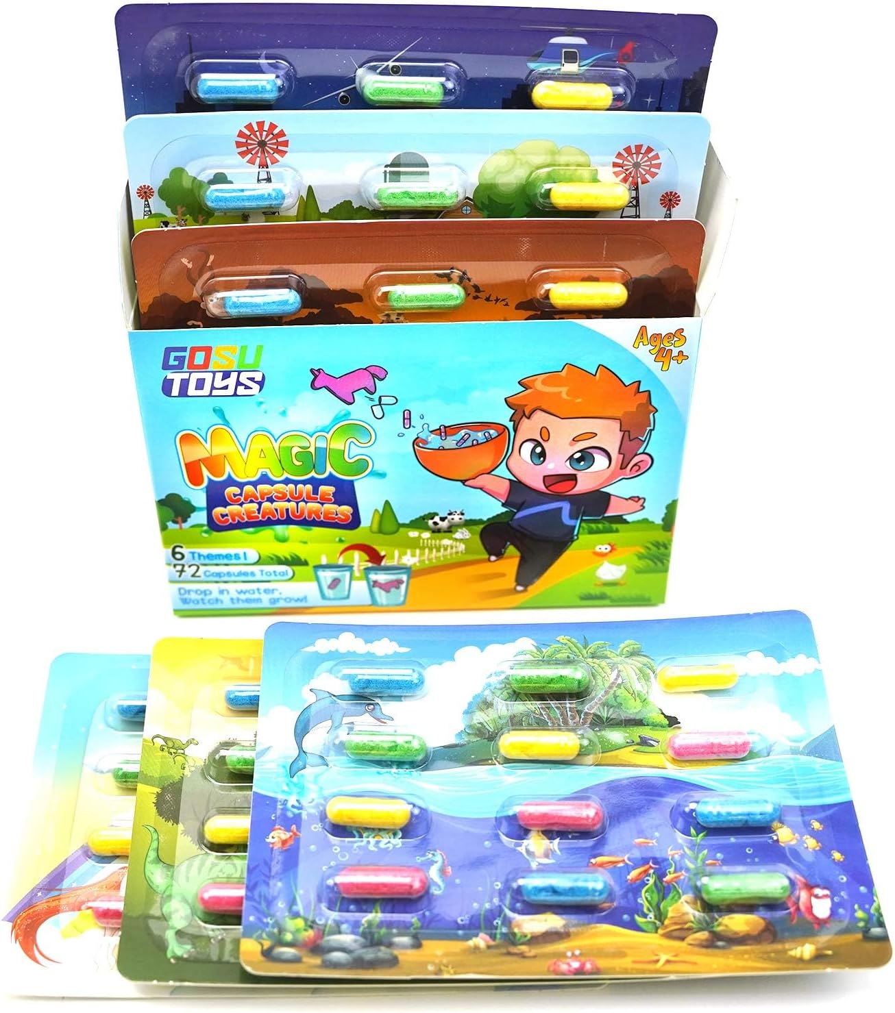 Gosu Toys Magic Capsule Creatures - 6 Theme Packs with 12 Capsules Each - Farm, Sea, Unicorns, Dinosaurs, Safari, Vehicles - Place in Water and Watch Them Grow (24 Pack (4 of Each Theme))