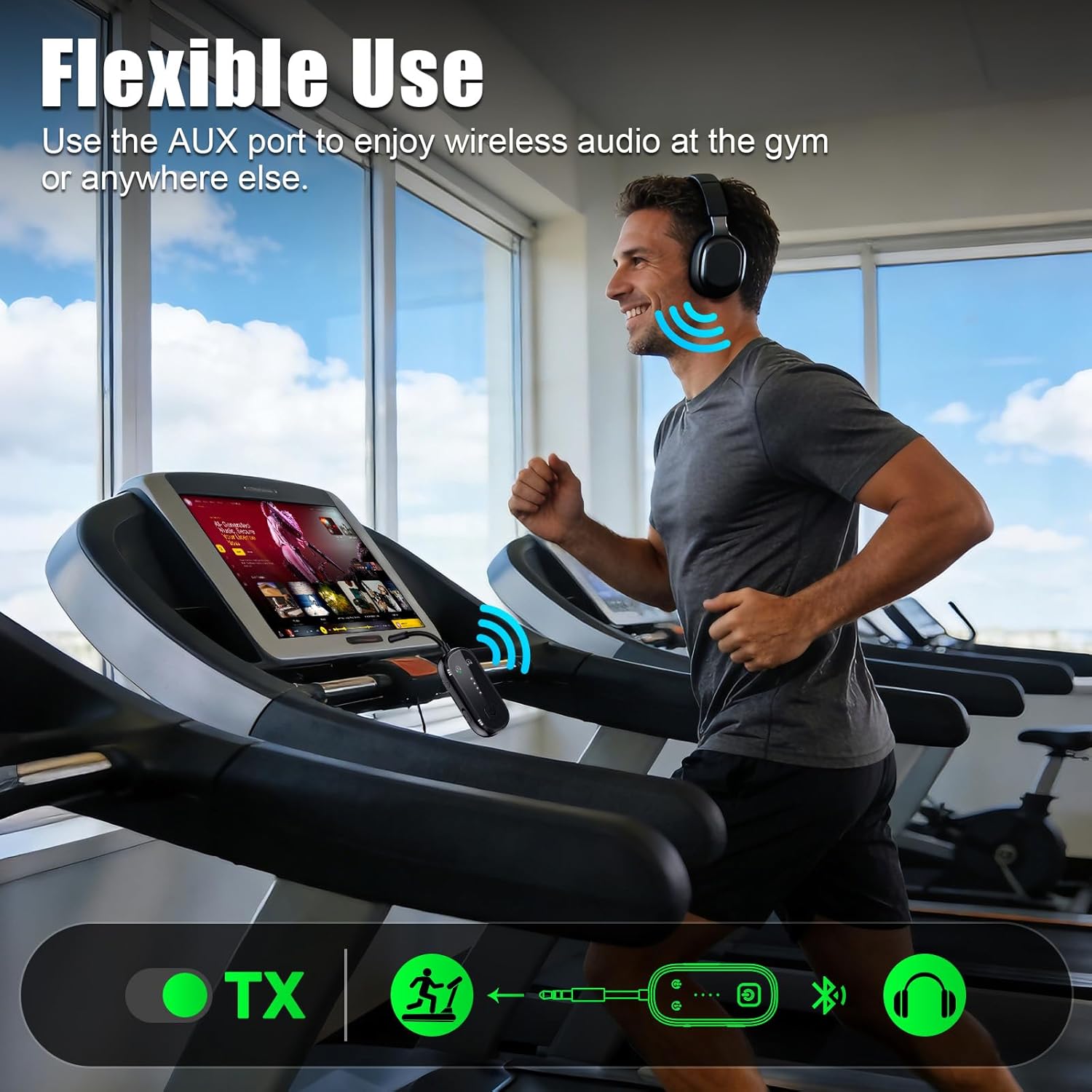 A person using the LAICOMEIN BF05 connected to a treadmill's AUX port, streaming audio to wireless headphones during a workout.