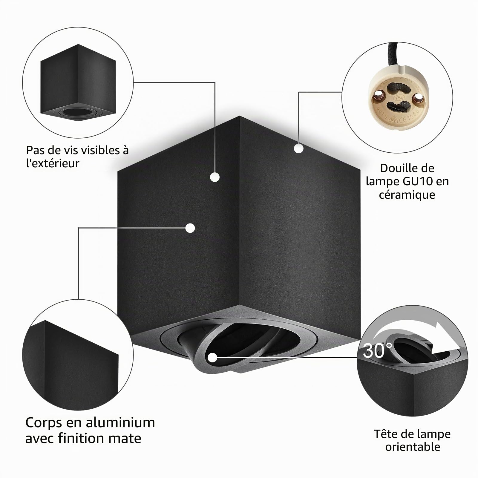 GeyouLux Spots GU10 en Saillie Noir, 80x84mm Spots Plafond Carrés, Orientables 30°, Plafonnier 230V avec Douille GU10, Spots de Surface en Aluminium, Sans Ampoules, 4 Pièces