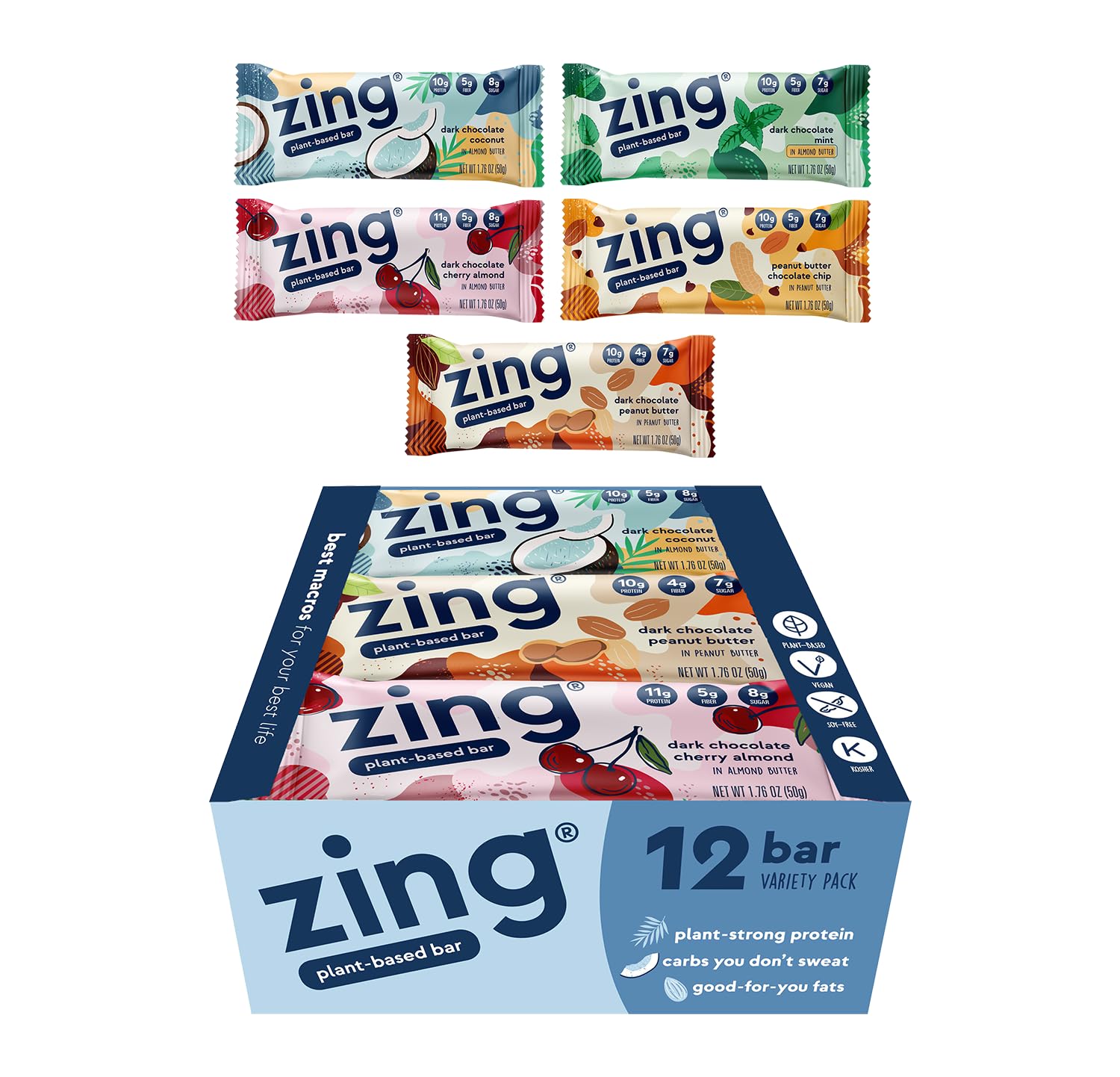 Zing Vegan Protein Bars Variety Pack - Top 5 Flavors, Gluten Free Nutrition Bars, High Protein & Fiber, Soy Free, Dairy Free Plant Based Protein,