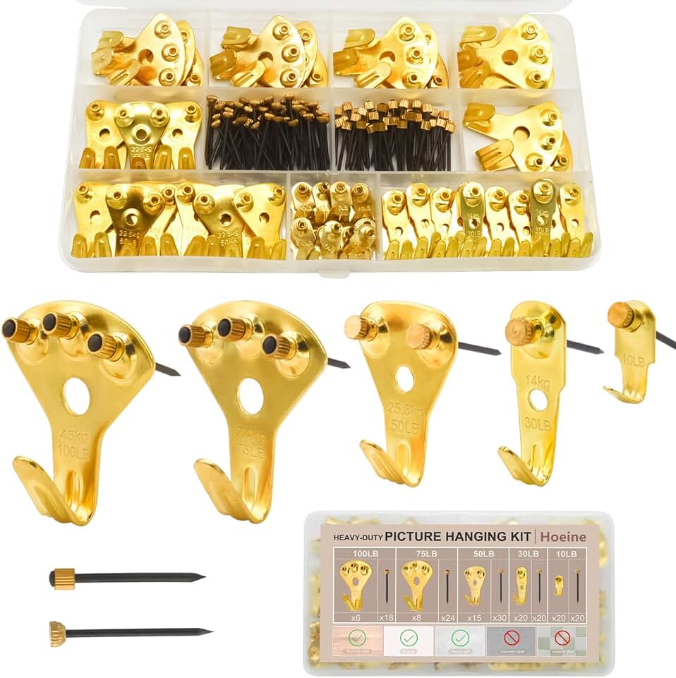 181pcs Picture Hanging Kit Heavy Duty Hooks 10-100lbs for Drywall | Frame Hanging Hardware with 2 Sizes Hardened Nails, Picture Hanger for Wood &amp; Drywall, 5 Sizes for Mirrors Canvas &amp; Art, Gold