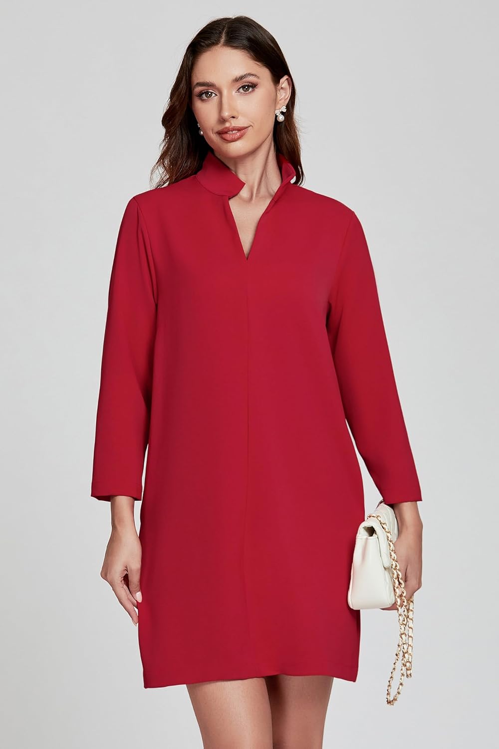 Womens Shift Dress V Neck 3/4 Sleeve Work Dress Retro Elegant Formal Mini Dresses with Pockets - Image 5