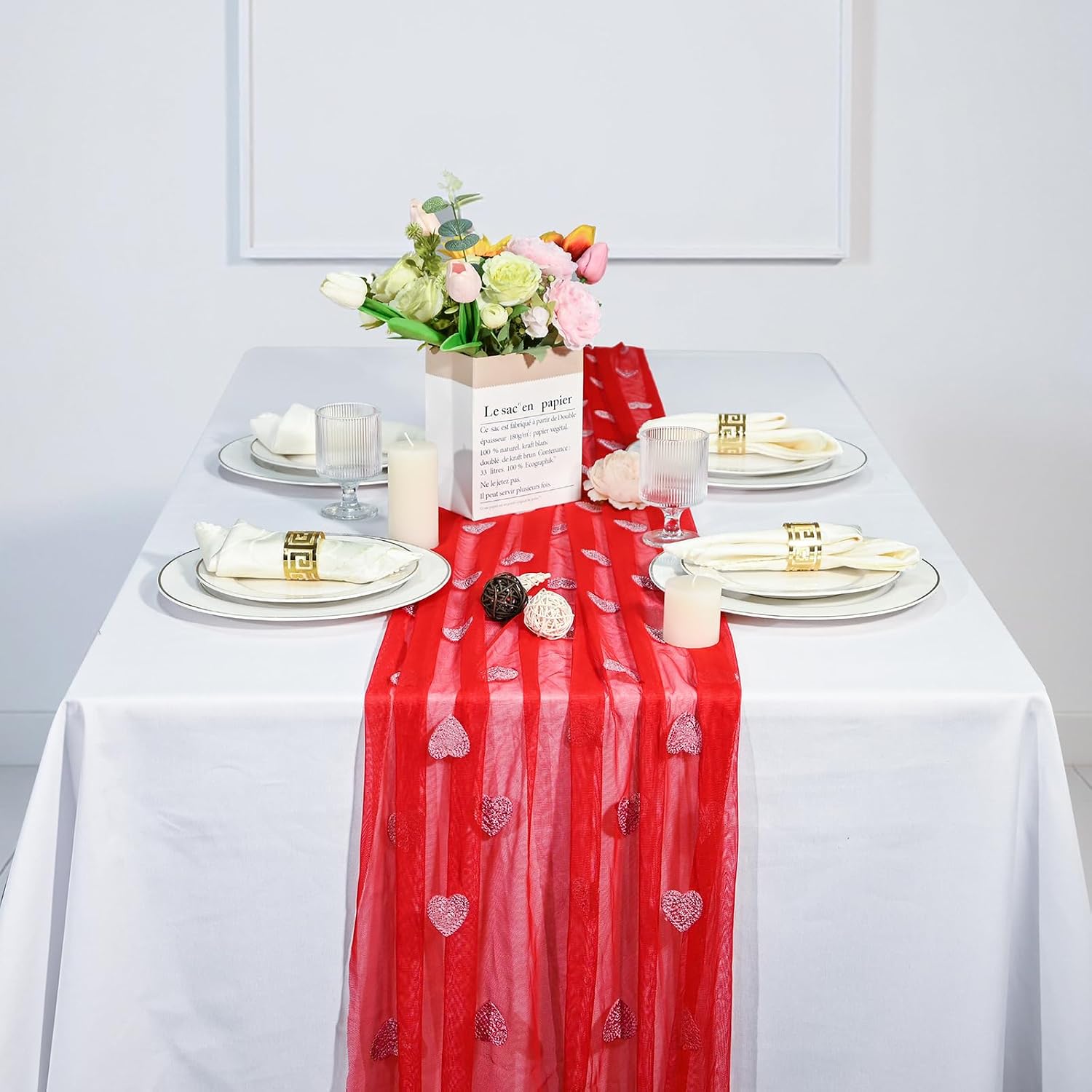 vctops 2 Pc Valentines Day Table Runner 27x118 Inch, Love Heart Embroidered Red Sheer Lace Table Runners Kitchen Dining Table Decoration for Party Wedding Birthday Anniversary, 27"x118"