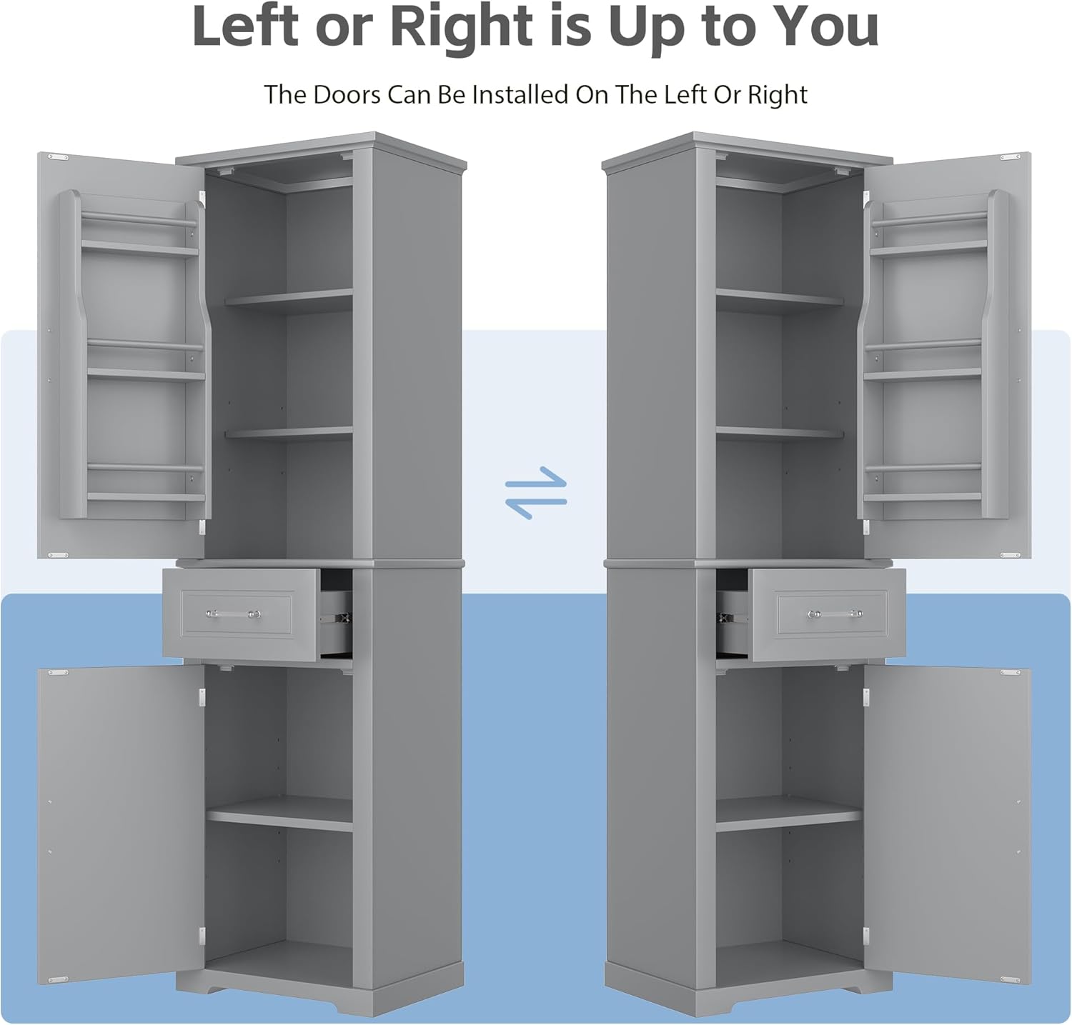 Tall Storage Cabinet, Bathroom Floor Freestanding Storage Cabinet with 2 Doors, One Drawer, Door Shelve Design, and Adjustable Shelf for Bathroom, Office, Living Room, Grey