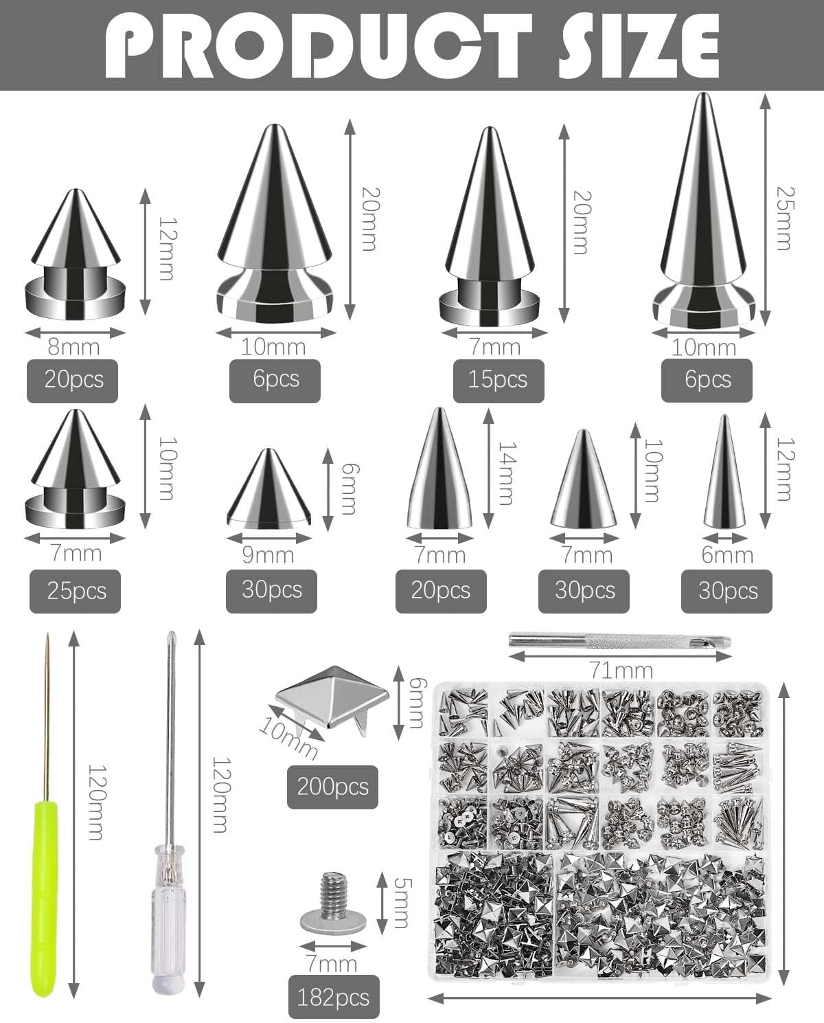 568PCS Punk Spikes and Studs Kit, 9 Sizes Premium Metal Cone Spikes, Square Pyramid Studs & Round Dome Rivets for Leathercraft, DIY Craft Decoration on Punk Clothes, Shoes, Belts, Dog Collars