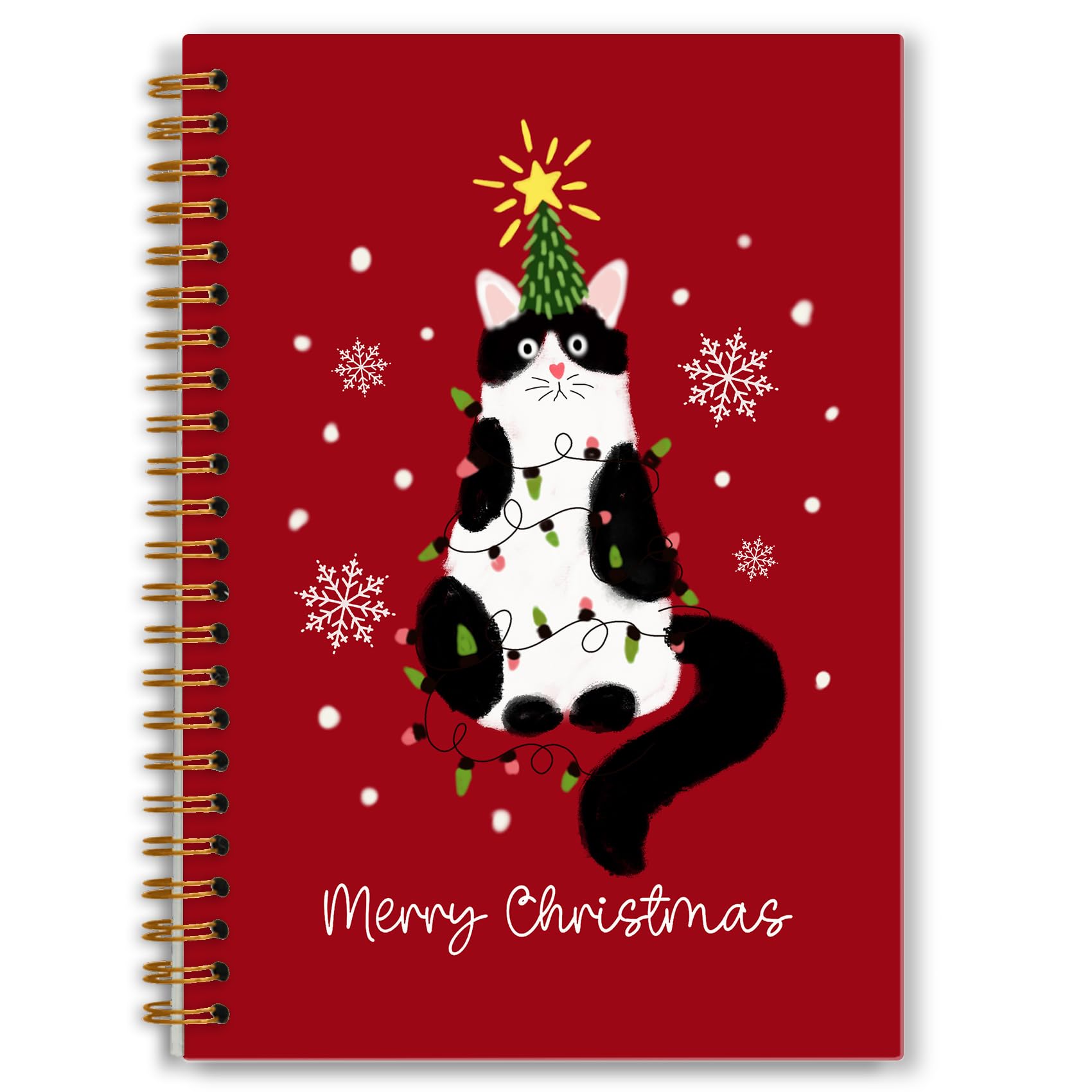 Cuaderno rojo de esmoquin de Navidad, diario de copo de nieve de invierno, diario de regalos para amantes de los gatos, diario de regalo para mujeres y niñas, divertido cuaderno en espiral de