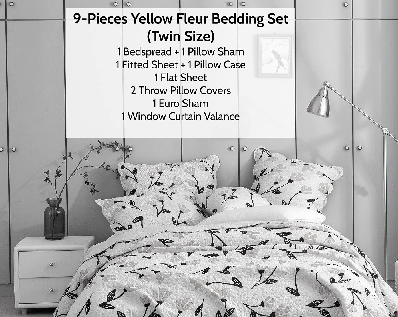 DaDalogy Bedding 9-Pieces Floral Bed in a Bag Set - Botanical Yellow Fleur Golden Tulips Bedspread Fitted & Flat Sheets Set w/Throw Euro Sham Pillow Covers & Window Curtain Valance - Twin Size