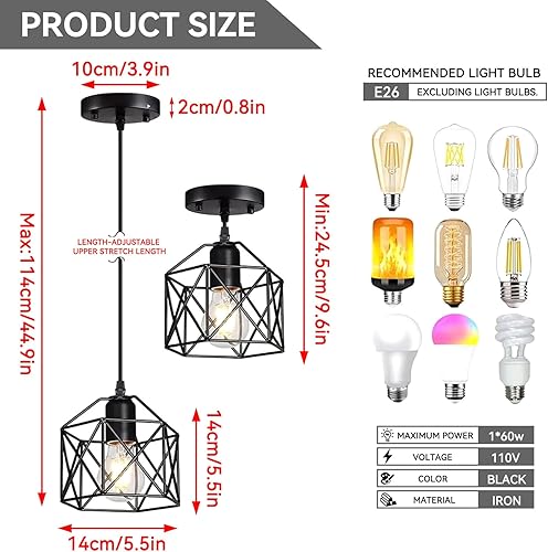 Miniatura 2 de Colgante negro claro, lámpara colgante industrial, lámpara colgante de jaula de hierro de granja, lámpara colgante de metal E26 ajustable colgante