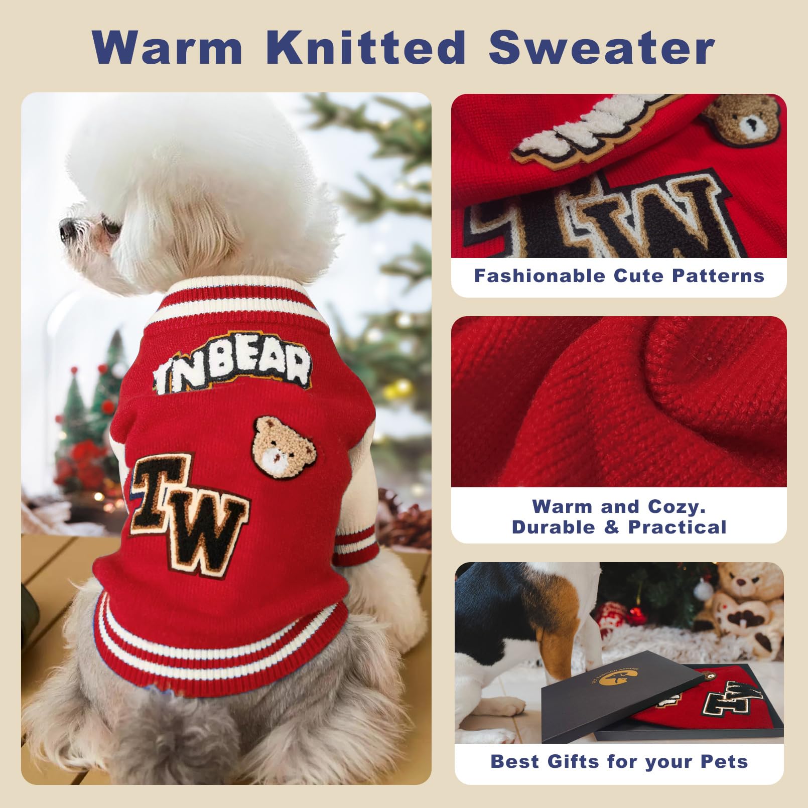 Kleiner Hundepullover, warmer Haustierpullover, niedlicher gestrickter klassischer Hundepullover für kleine Hunde, Katzenpullover, Hunde-Sweatshirt, Kleidung, Mantel, Bekleidung (L)