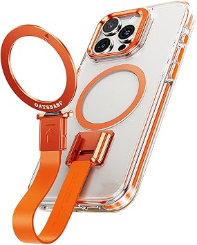 Case for iPhone 16/16 Plus/16 Pro/16 Pro Max, Soft Silicone Strap, with Metal Kickstand, MagSafe Charging Compatible, Shockproof Clear Case,16,Orange