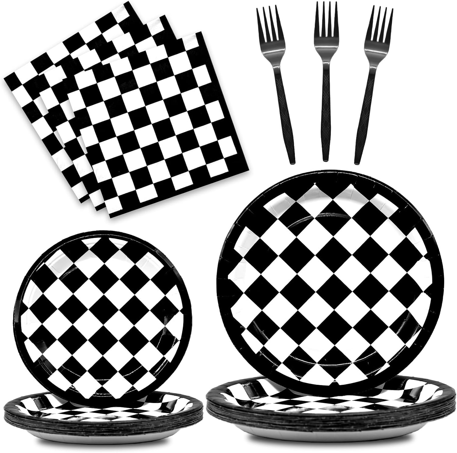 96 Pieces Racing Theme Party Supplies – Black and White Checkered Pattern Disposable Tableware with Paper Plates, Napkins, Forks for Race Car Dirt Bike Birthday Decorations, Sports Events Celebrations