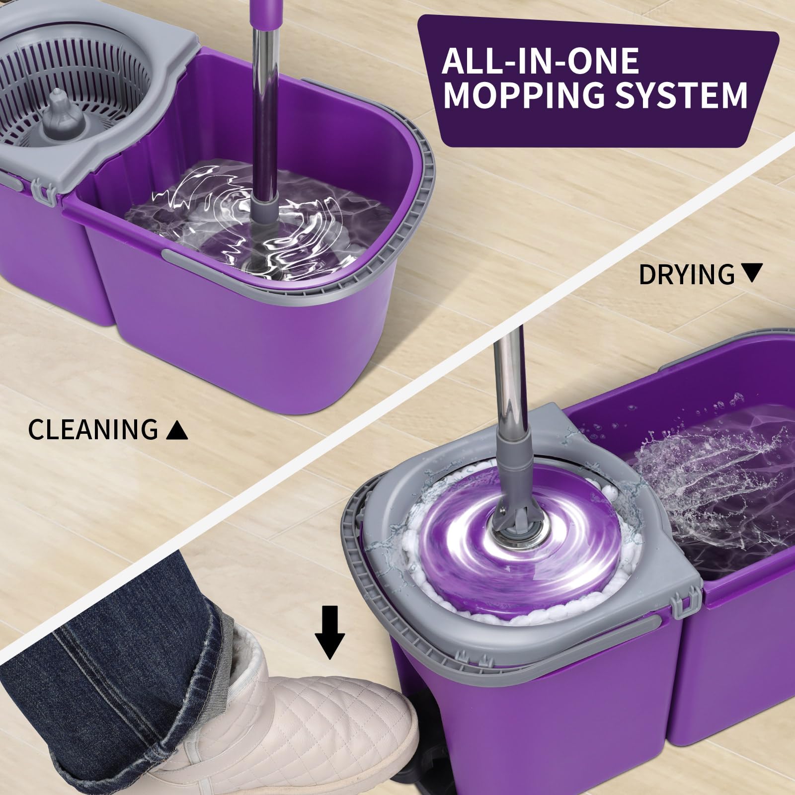 Balai Serpillère et Seau à Pédale, Masthome Seau Serpillere Rotatif 360° avec Système d'essorage Intégré, Seau Détachable avec 2 Compartiments pour Séparer l'eau Sale, Envoyer 6 Recharge en Microfibre