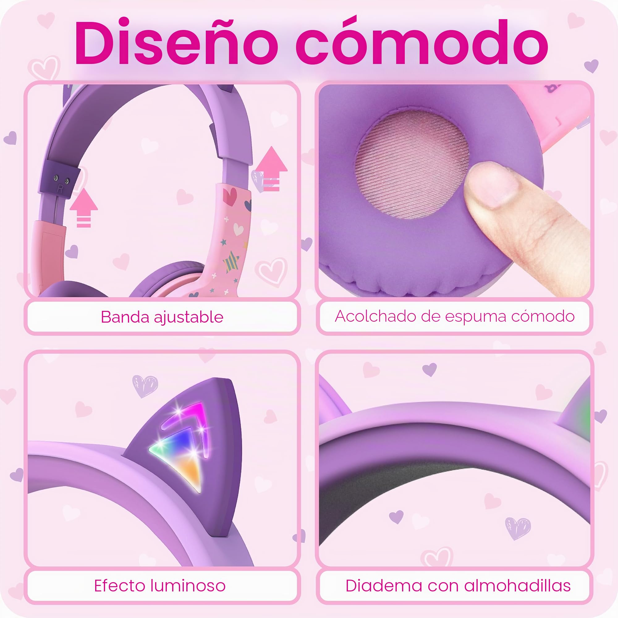 FosPower Auriculares para Niños con Orejas de Gato LED, Límite de Volumen Seguro 85dB, Casco con Cable de 3,5mm Auriculares Infantiles para iPad, Tablet, Escuela, Viaje, Rosa Bebé/Lavanda