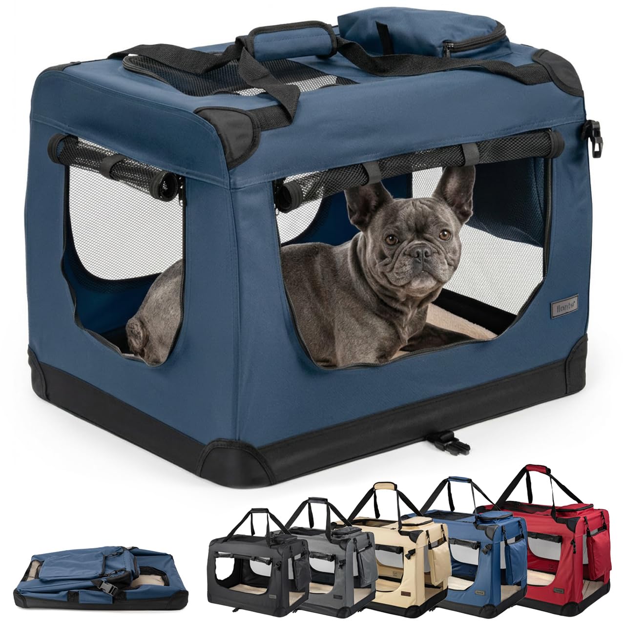 lionto Foldable Dog Crate for Travel and Car, 70 x 52 x 50 cm, Blue