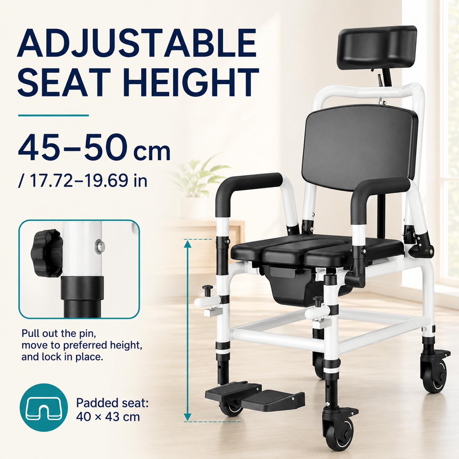 Silla De Baño con Ruedas, Silla Inodoro 4 En 1 Reclinable para Ancianos