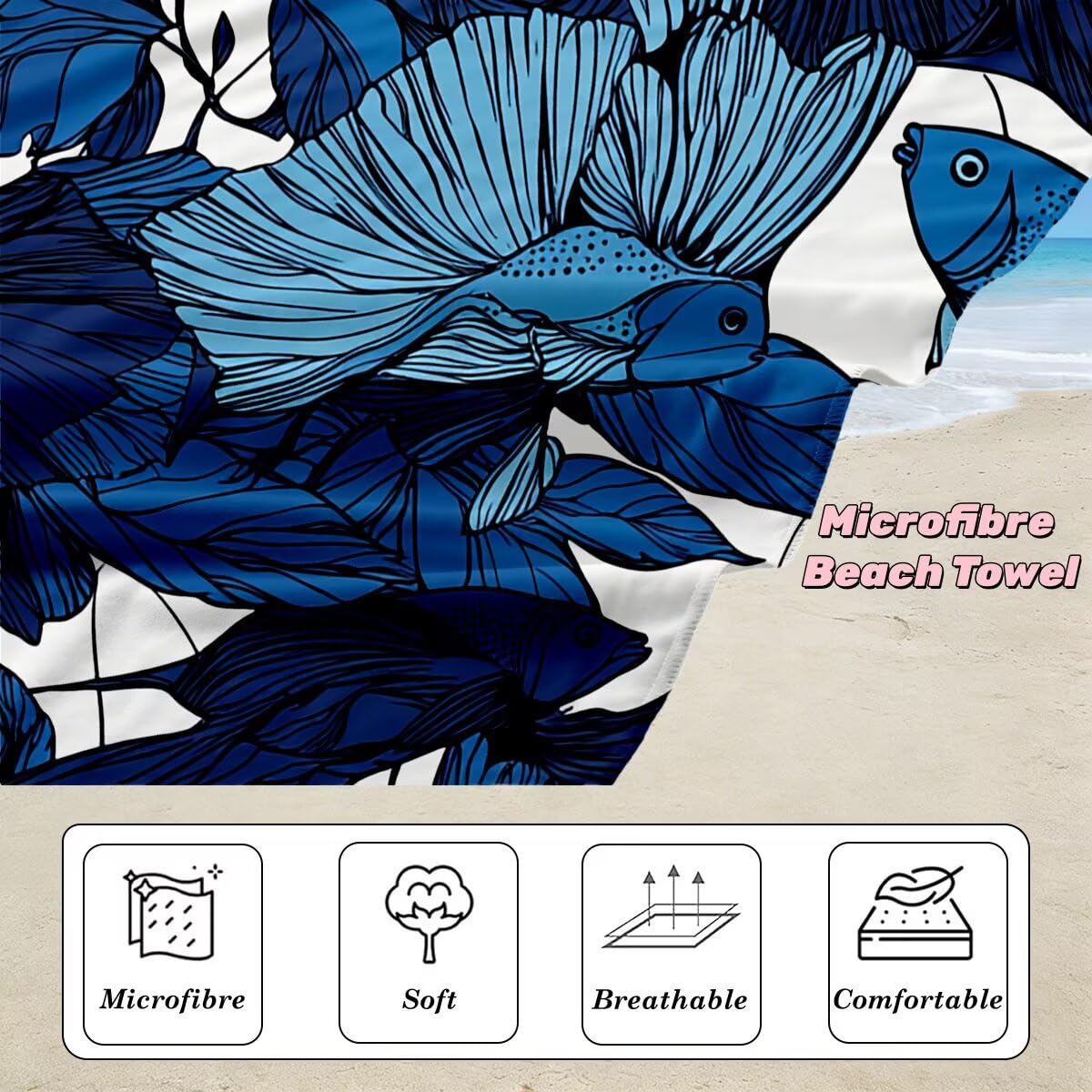 Toalla Playa 100x200 cm, Toalla Gimnasio Microfibra Secado Rapido, Juego de 2 Antiarena Toallas de Playa, Ligera Compacta Toallas Microfibra Grande para Viaje, Regalo Hombre Regalo Mujer (Pez) -4421