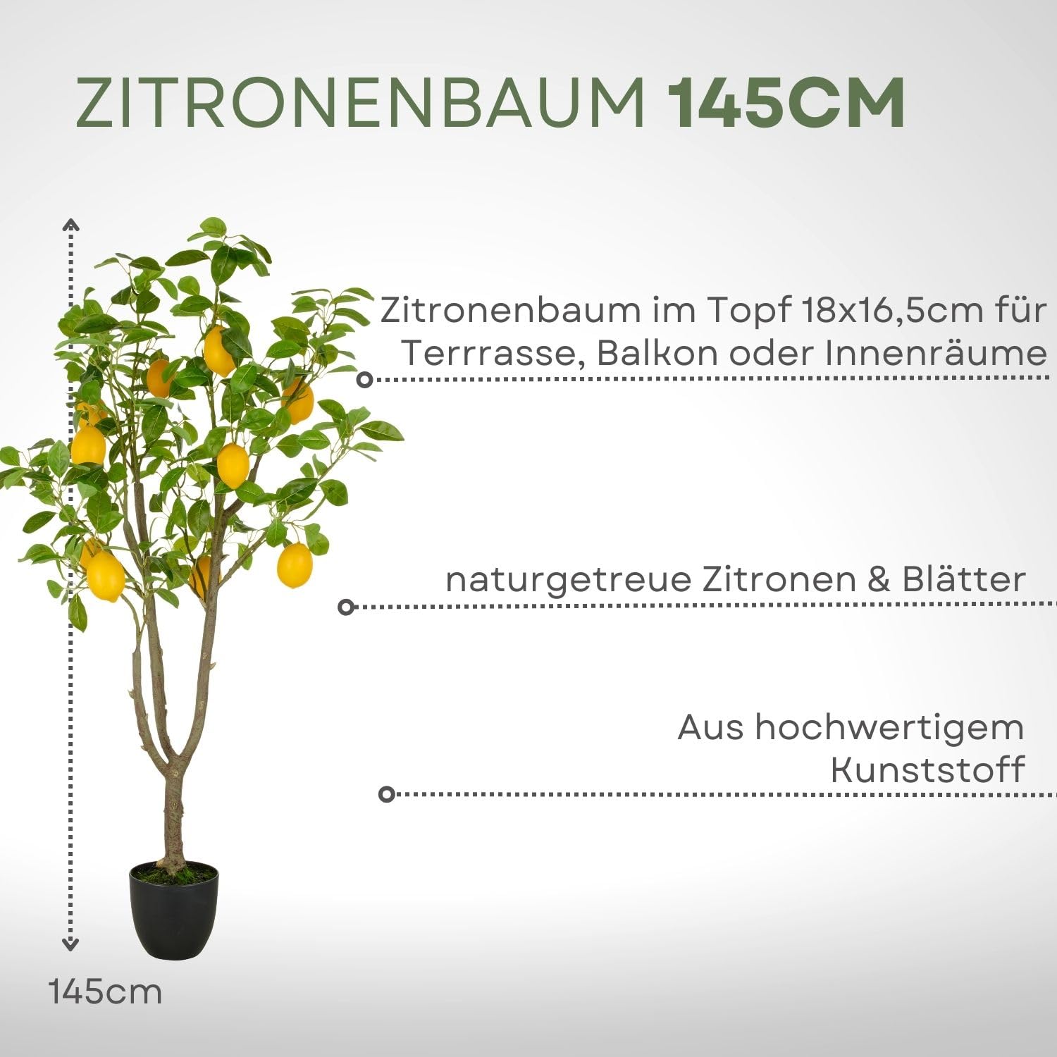 künstlicher Zitronenbaum 145cm I Künstlicher Zitronenbaum mit 10 Zitronen im Topf 18x16,5cm I mediterraner Kunstbaum mit naturgetreuen Blättern & Zitronen I hochwertige Kunstpflanzen