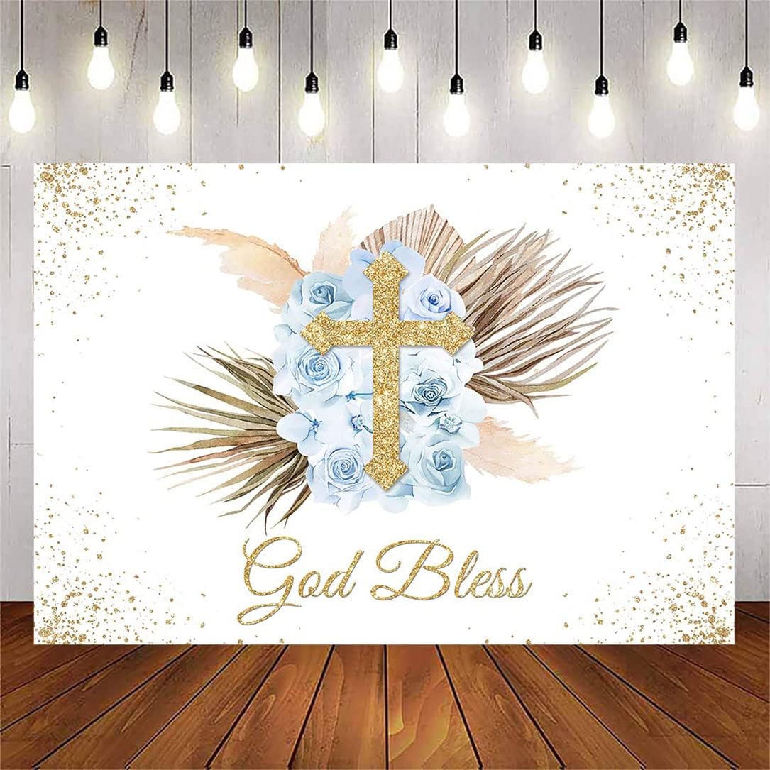 Avezano God Bless Backdrop for Girls Boho First Communion Confirmation Baptism Party Background Pink Floral Christening Gold Cross Banner Decorations(7x5ft)