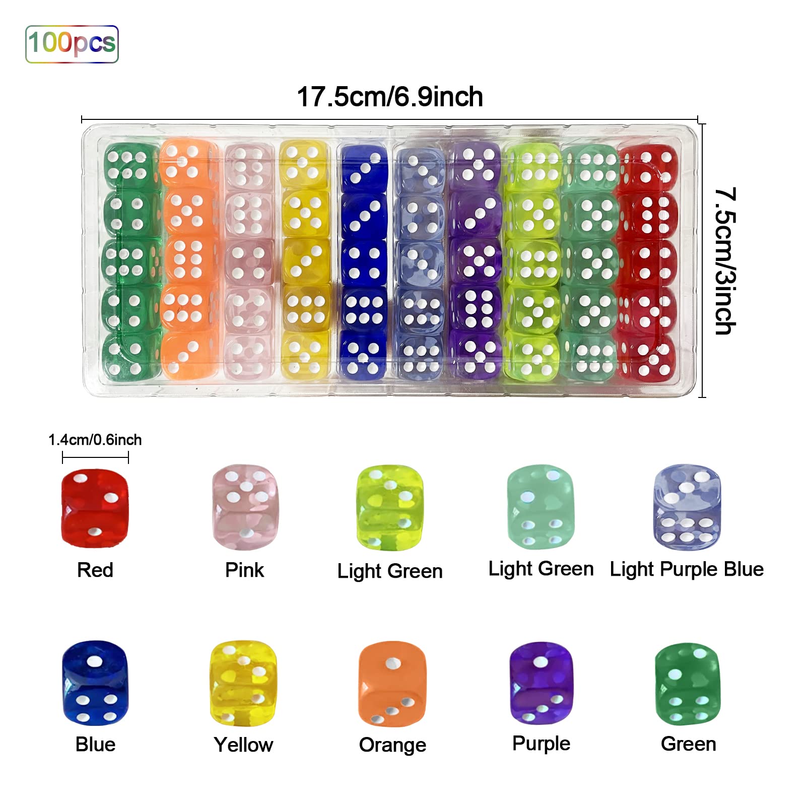 Set di 50 cubi da gioco, 10 colori, 14 mm, dadi in acrilico