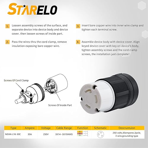 Miniatura 3 de STARELO Enchufe de bloqueo de 30 amperiosconector para grupo electrógeno, NEMA L6-30P y L6-30C, 250V 2 polos 3 cables de conexión a tierra, repuesto