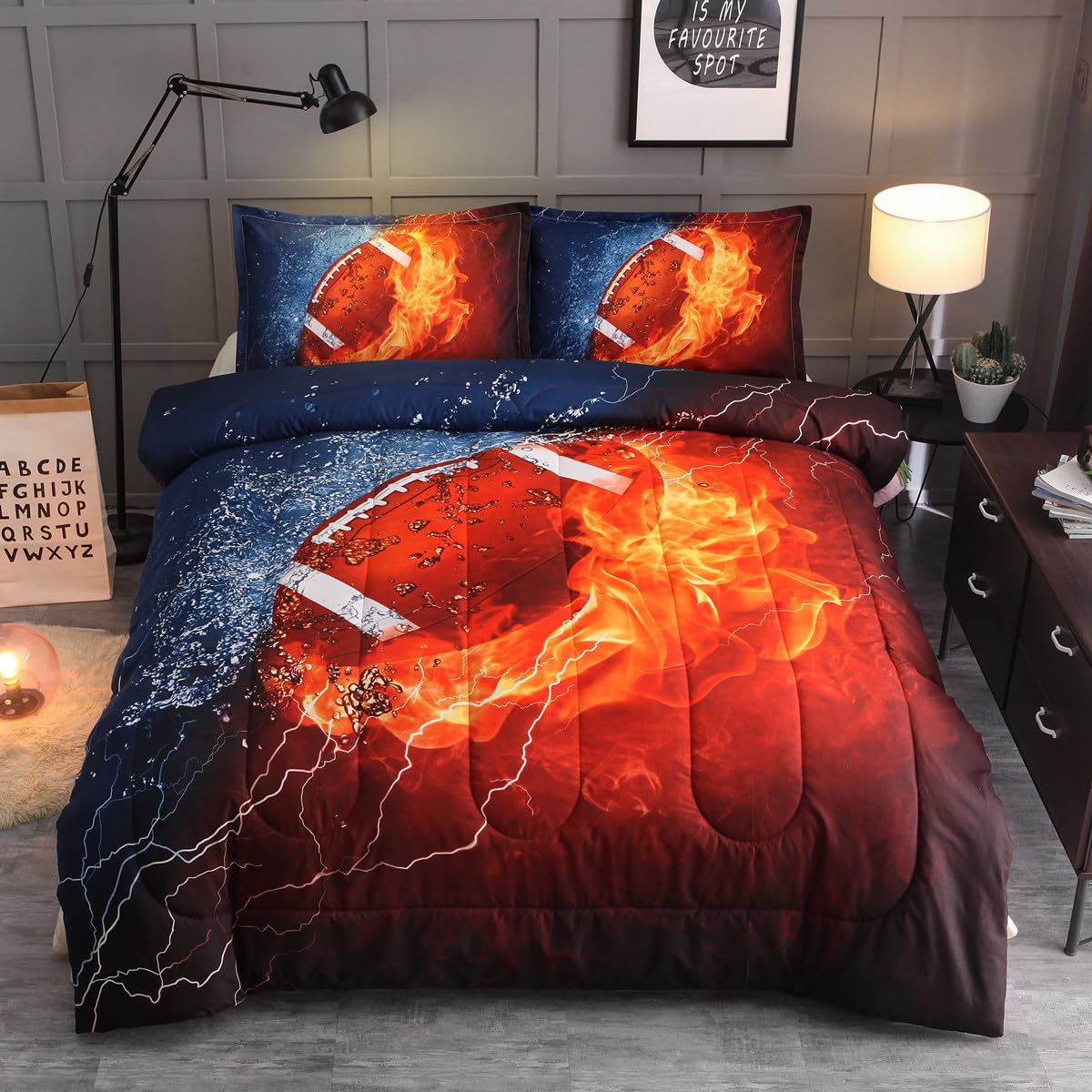 NTBED American Football Comforter Set for Boys Teens,3D Sports Bedding Full Size 6pcs,Rugby Printed Quilt Sets with 2 Matching Pillow Shams