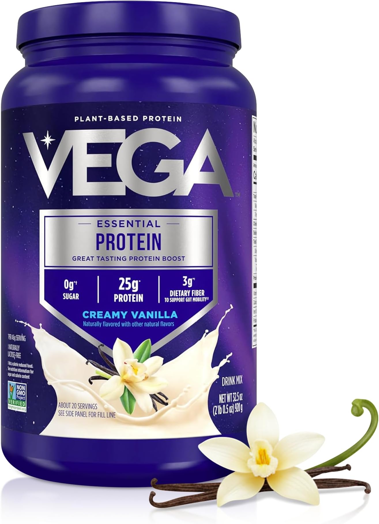 Essential Protein – 25g Plant Based Protein Powder, Creamy Vanilla, Vegan for a Dairy-Free Vanilla Shake – Large Tub, 32.5oz (20 Servings)