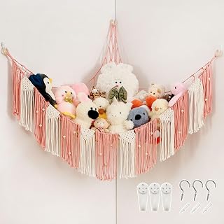 Pretty Jolly Macrame Hanging Storage Hammock, 59" Boho Corner Organizer with Tassels and Beads, Stuffed Animal Plush Holder for Kids Room Nursery Decor (Leather Pink)