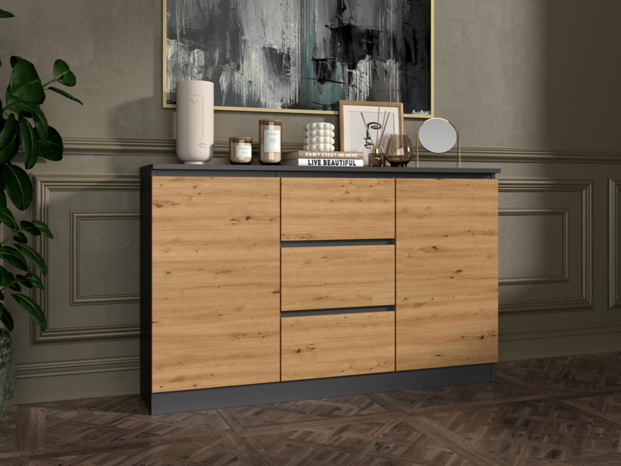 Home Collective Cassettiera, corridoio camera da letto, armadio, credenza, credenza con 3 cassetti e 2 ante, larghezza 120 cm, altezza 75 | Antracite/Artigianale