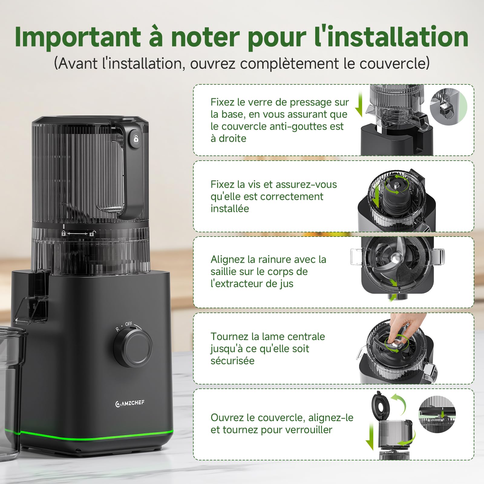 AMZCHEF Extracteur de Jus de Fruits et Légumes, Bocca 155mm, 2,5L, 2 Filtres, Pression Automatique