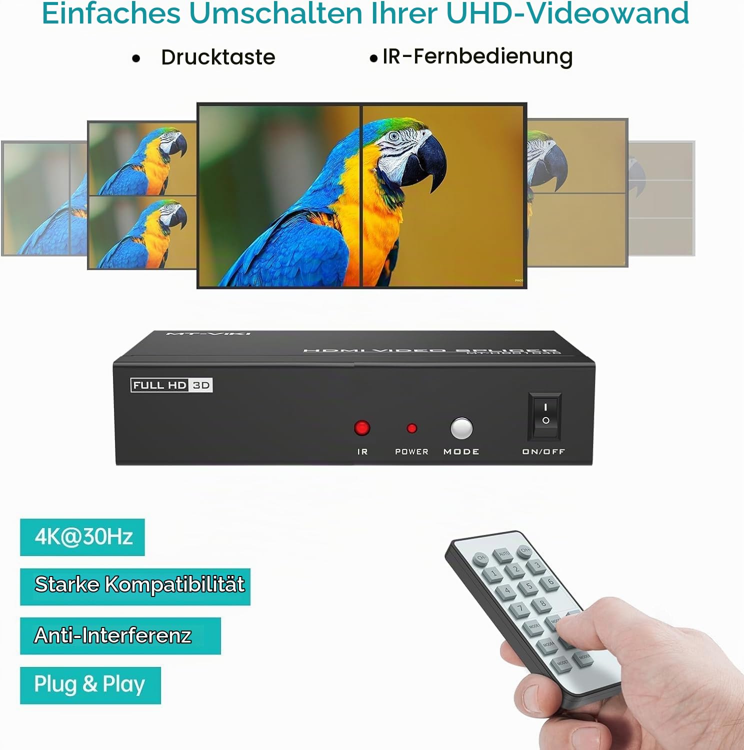 MT-VIKI 4K30Hz 2x2 HDMI Videowand Controller 2x2 Vierfach Splicer Bildschirmspleißung 1 in 4 Out unterstützt 8 Anzeigemodi 2x2, 1x2, 1x3, 1x4, 2x1, 3x1, 4x1 30 Hz