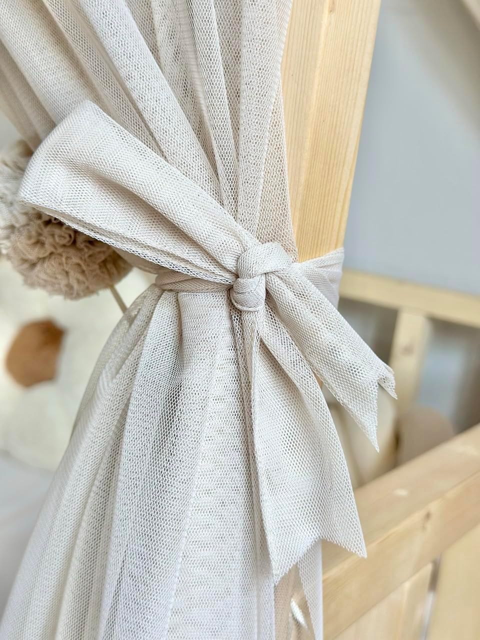 Baby Fancyroom Modern Beige Bed Canopy Set, 340 cm (Polyester, Tulle, Hand Wash Only, 1 kg), Children's Room Decoration, Includes Pompom Garland and 2 Gold Butterflies