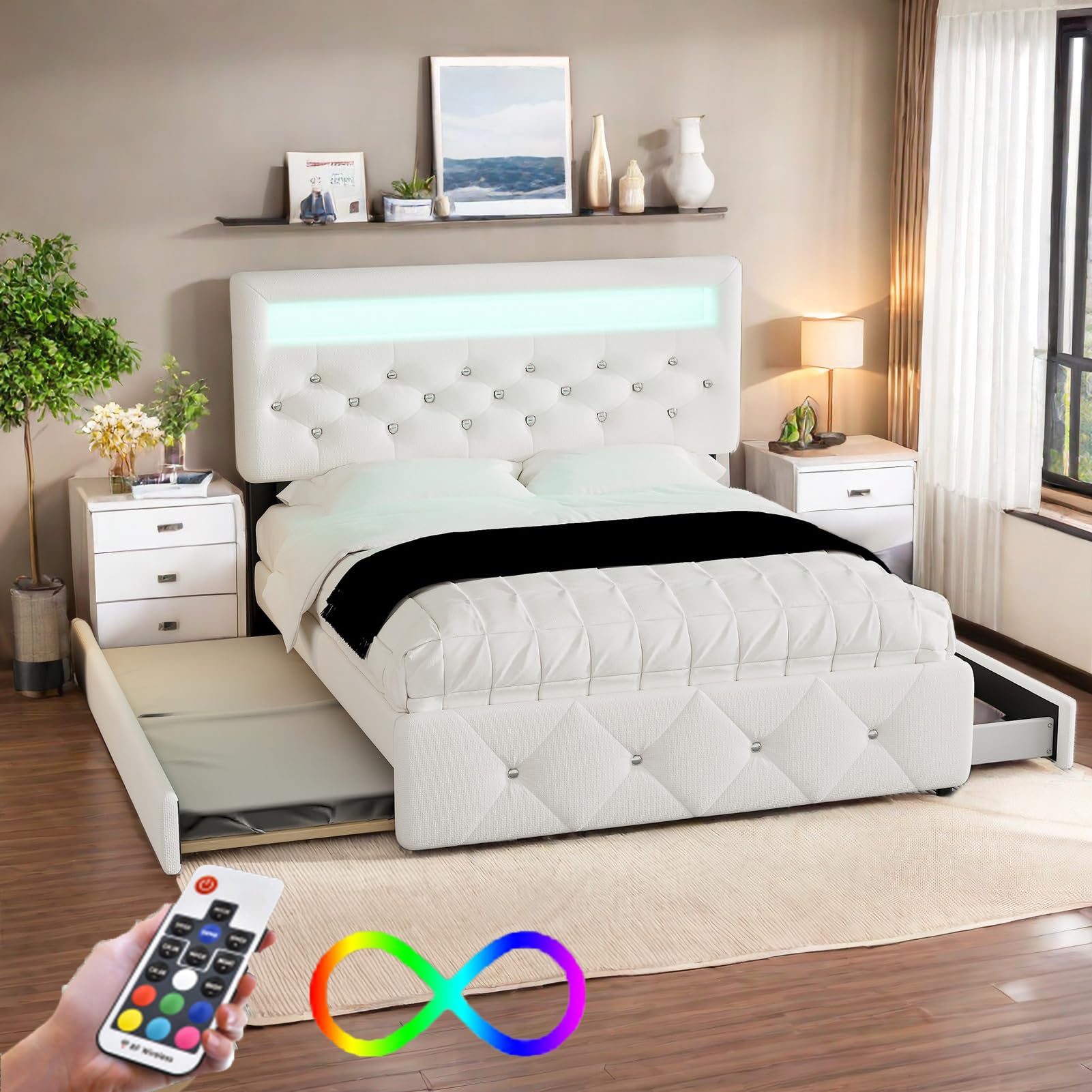 Letto imbottito 140 x 200 cm con testiera contenitore - Illuminazione