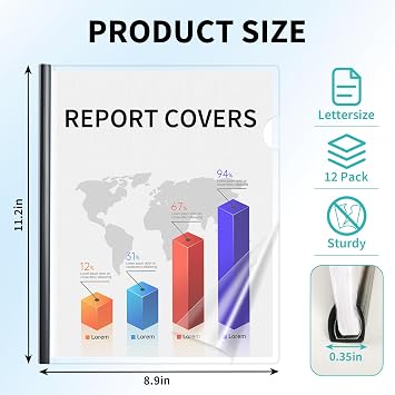 Binditek 12 Pack Clear Report Covers with Black Sliding Bars, 70 Sheet Capacity, 9mm Binding Bars, Letter Size, 5.5 Mil Thick, Black, for Students and Coworkers