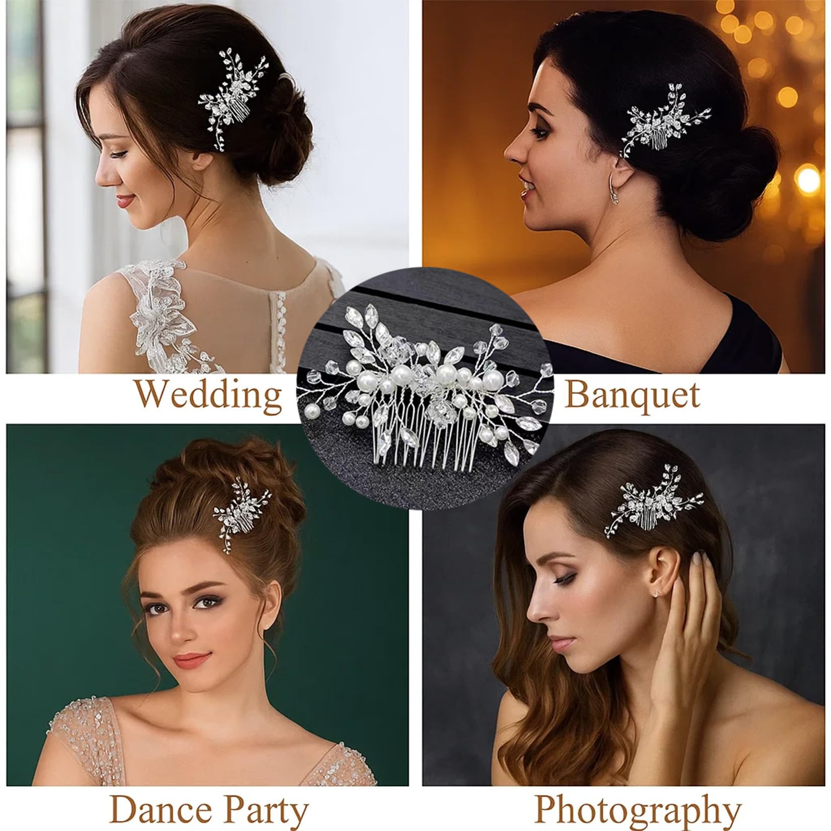 Silver Pearl Bridal Hair Clips with Floral Comb, Handcrafted Crystal Rhinestone Hairpins - Image 4