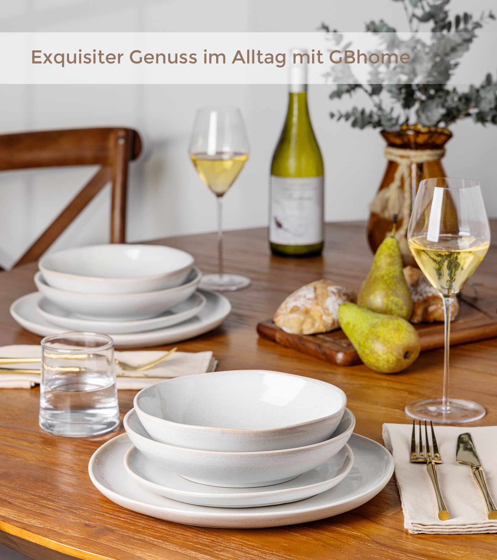 GBhome Steingut Geschirrset 6 Personen, 24-tlg Reaktive Glasur Handarbeit Geschirr Set, Mikrowellen- & Spülmaschinenfest Schüssel- und Teller Set, Beige
