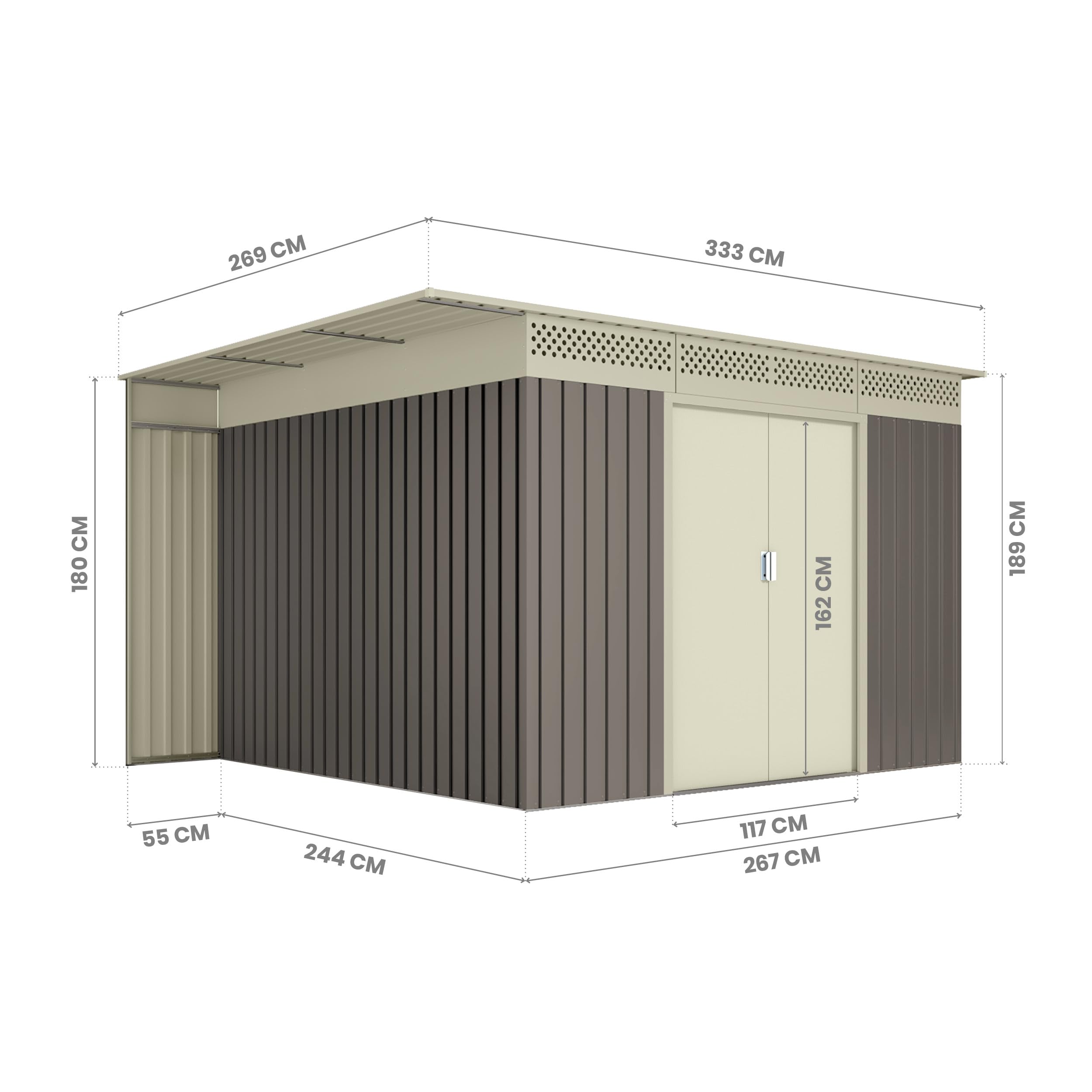 Hoggar by Okoru Capannone Metallo Grigio/Beige per Archiviazione 8,96 m2-269x333x189cm. Casta Giardino Terrazza