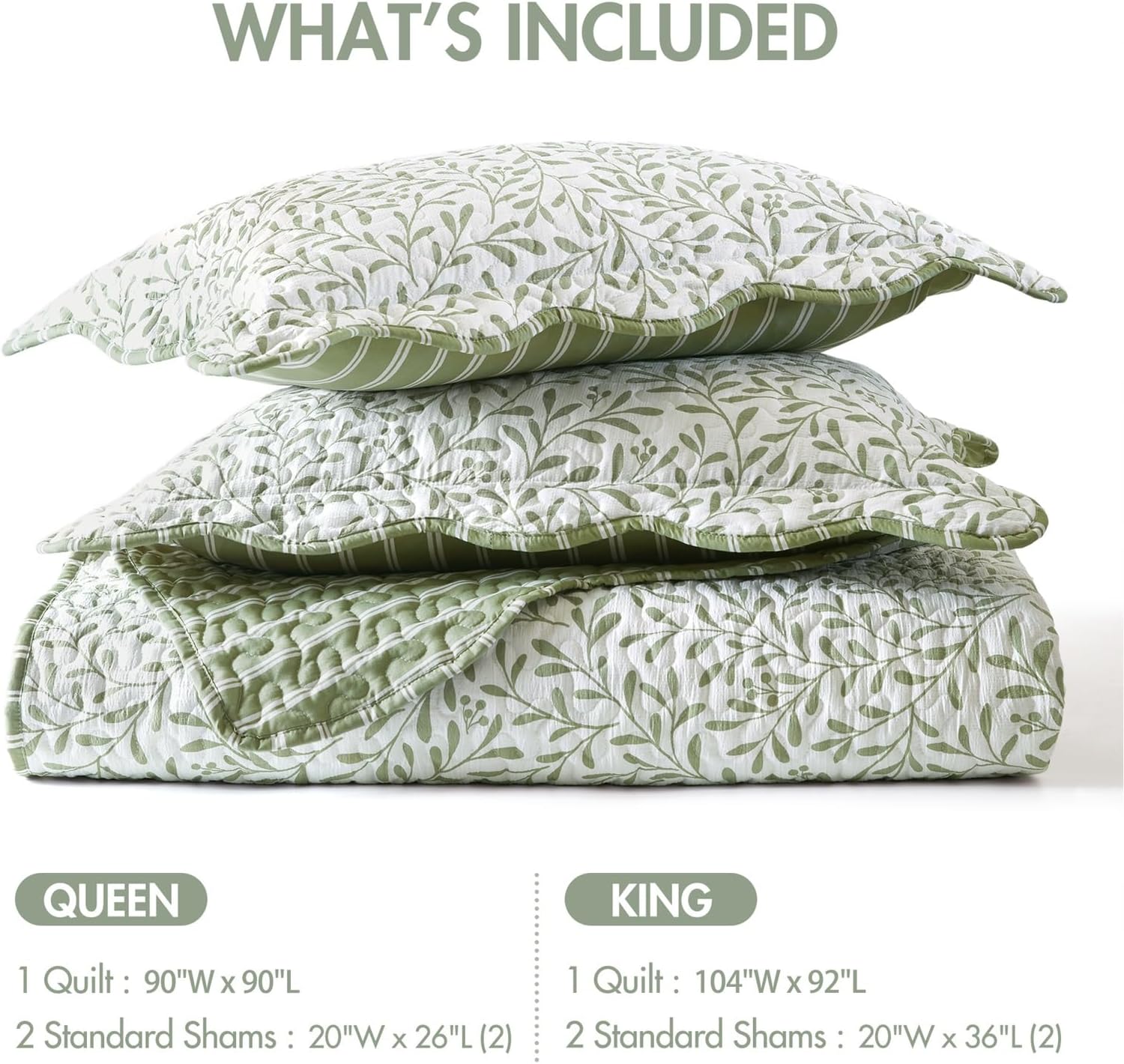 Madison Park 3-Piece Reversible Quilt Set, Botanical Print & Scalloped Edge, Lightweight Summer Bedding, King, Market Green | Lightweight