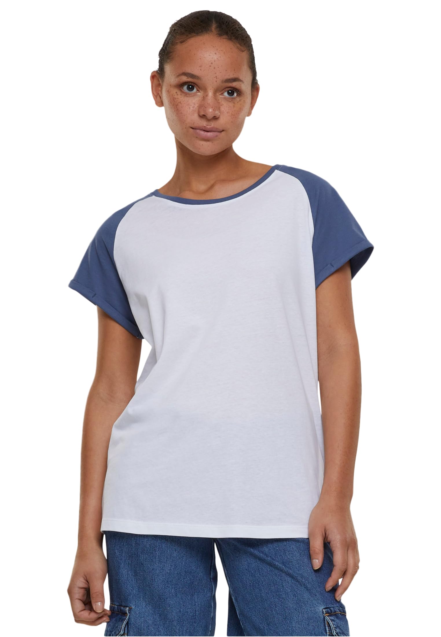 Urban Classics Women's Ladies Contrast Raglan Tee T-Shirt, White/Vintage Blue, S