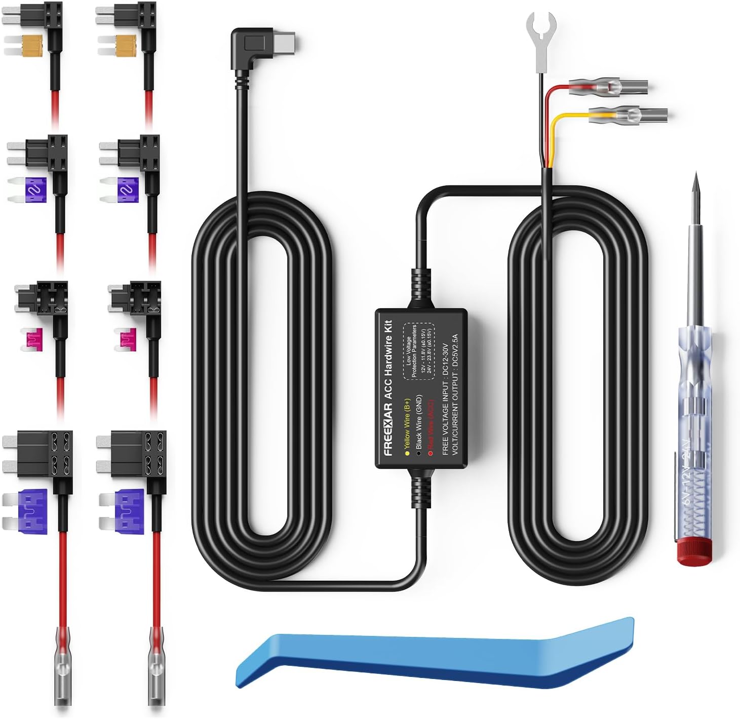 Multi-Size Dash Cam Hardwire Kit, Acc Hardwire Kit (12V-30V to 5V) USB-C Power Cable for D4 Dash Camera, 24H Parking Mode, Low Voltage Protection, Fuse Tap Adapter & Circuit Tester Included