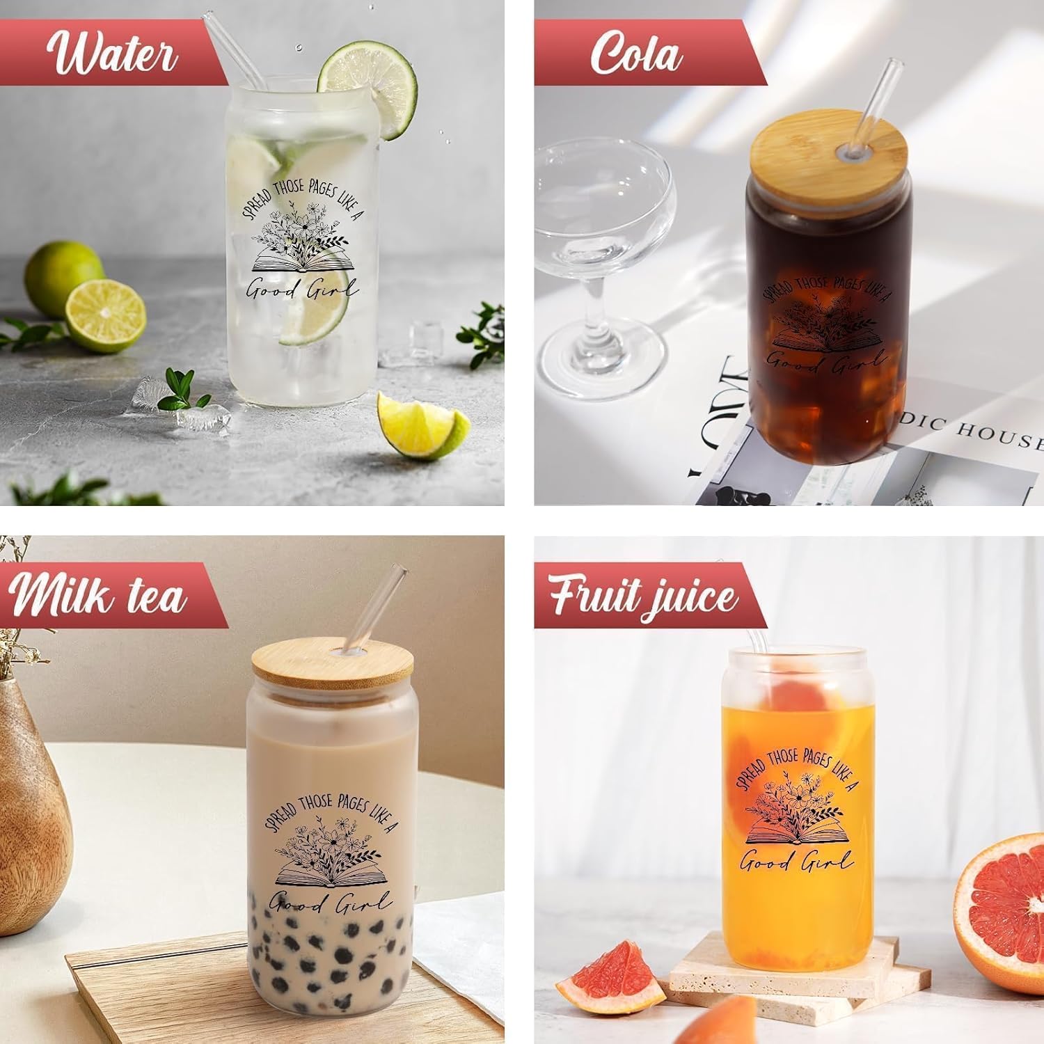 SteadStyle Book Lovers Gifts for Girl -16oz Glass Cups with Lid & Straw Birthday for Bookish Presents, Funny Gift Readers Librarian Bookworm Reading Accessories & Book Club Gifts - Image 3