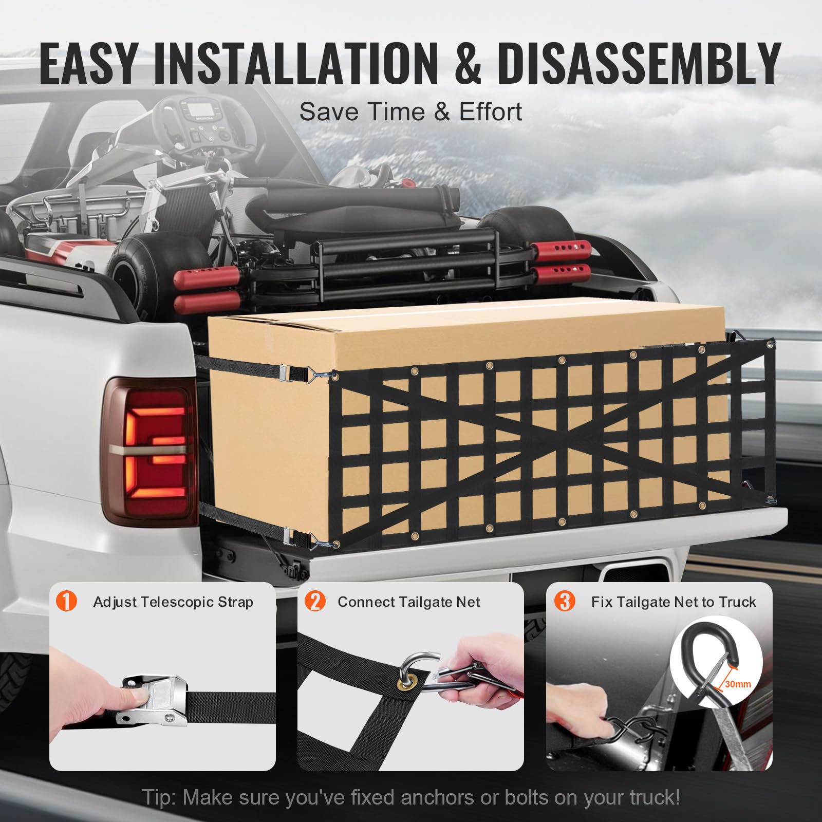 VEVOR Red para Portón Trasero 137 x 46 cm Red de Carga Resistente para Caja de Camioneta con 4 Correas Telescópicas Ajustables Diseño Reforzado Adecuada para Camionetas, Camiones, Remolques, SUV