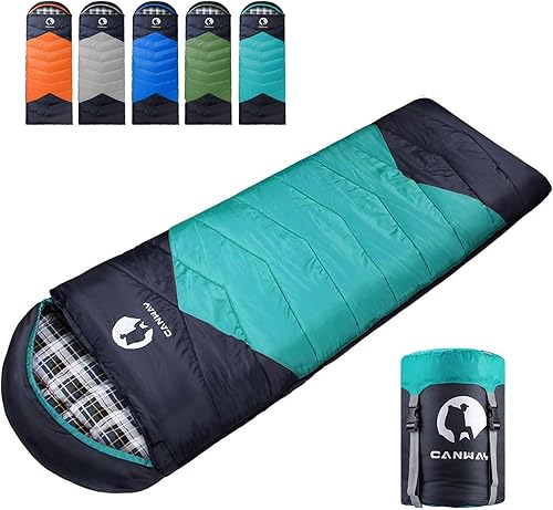 CANWAY Saco de dormir de franela para adultos, niños, niñas, niños, camping, mochilero, saco de dormir para clima frío y cálido con saco de