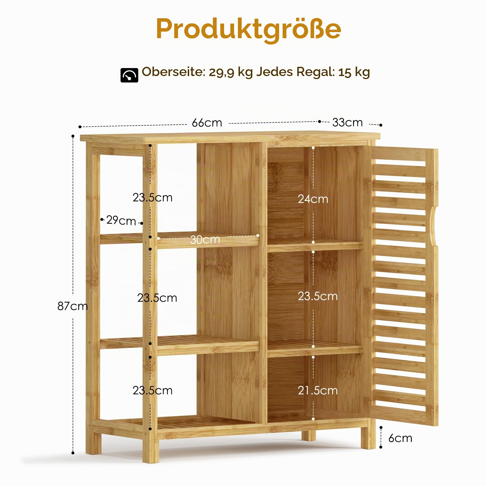 SogesPower Beistellschrank Badezimmerschrank mit Tür und Regalen, Freistehender Bambusschrank mit Lamellentür, 3-stufiger Aufbewahrungsschrank für Küche, Wohnzimmer und Badezimmer