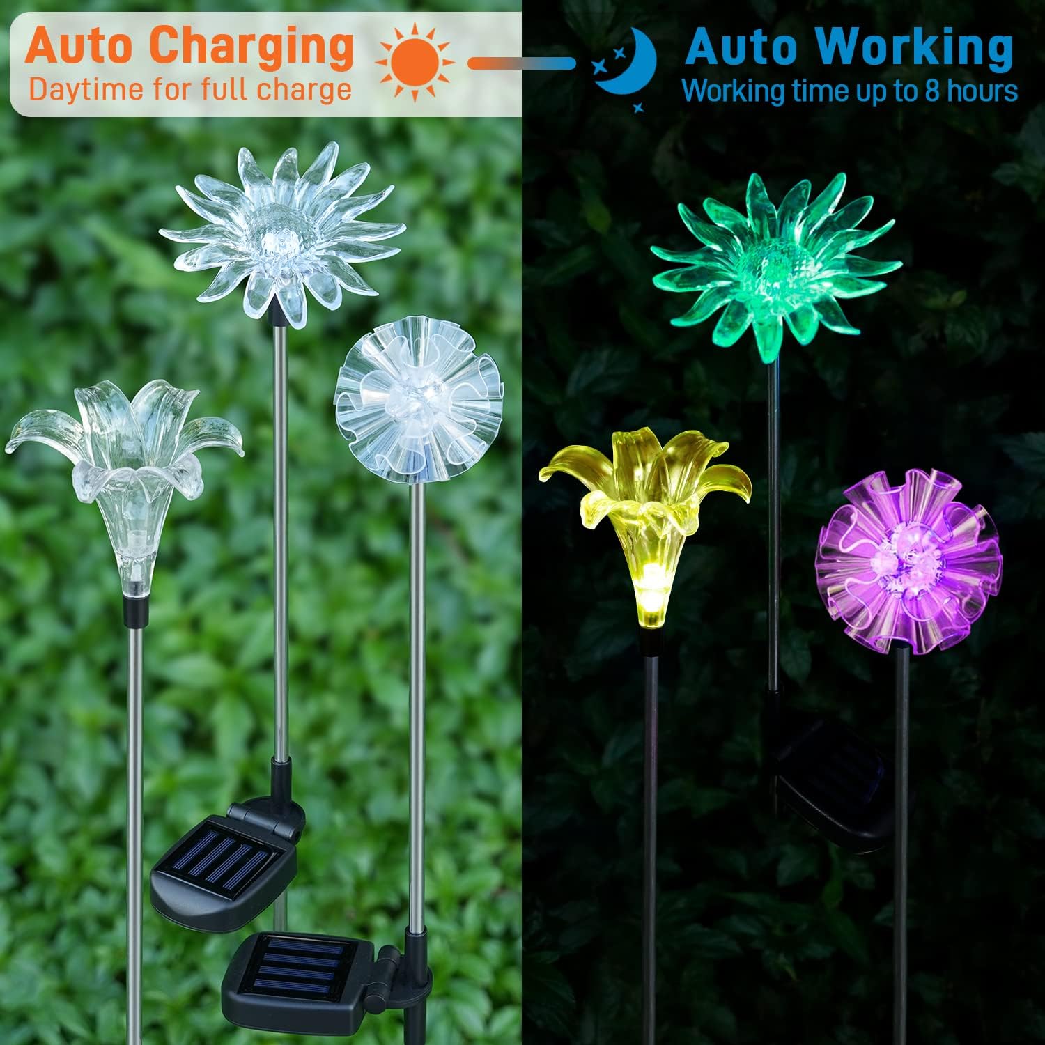 Solar Garden Lights Outdoor - 3 Pack LED Figurine Stake Lights Solar Powered, Decorative Multi-Color Changing Flower Landscape Lighting Dandelion Lily Sunflower for Path Yard Lawn Halloween Christmas